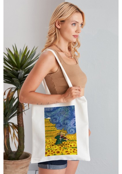 Sunflowers Stary Night Van Gogh Model Baskılı Günlük Kullanım Özel Baskı Bez Omuz Çantası Hediyelik Tote Bag indirimleri