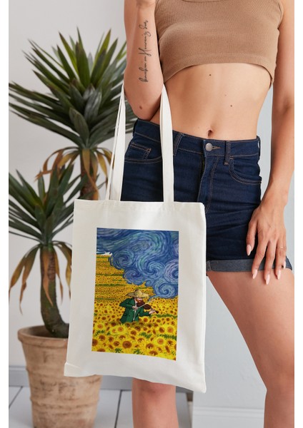 Sunflowers Stary Night Van Gogh Model Baskılı Günlük Kullanım Özel Baskı Bez Omuz Çantası Hediyelik Tote Bag