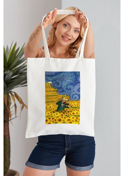 Sunflowers Stary Night Van Gogh Model Baskılı Günlük Kullanım Özel Baskı Bez Omuz Çantası Hediyelik Tote Bag