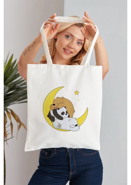 We Bare Bears Model Baskılı Günlük Kullanım Özel Baskı Bez Omuz Çantası Hediyelik Tote Bag