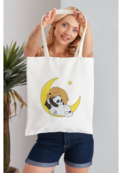 We Bare Bears Model Baskılı Günlük Kullanım Özel Baskı Bez Omuz Çantası Hediyelik Tote Bag