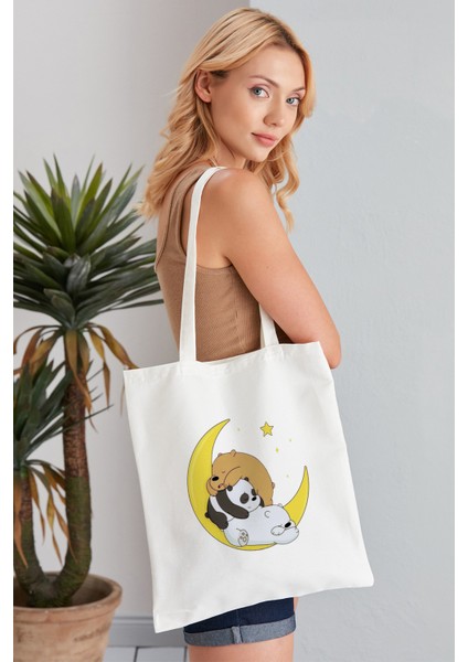 We Bare Bears Model Baskılı Günlük Kullanım Özel Baskı Bez Omuz Çantası Hediyelik Tote Bag