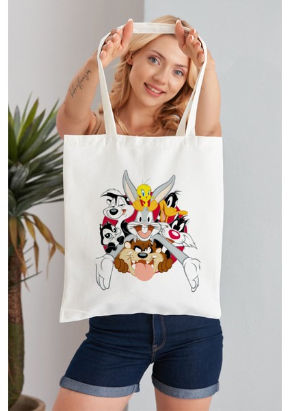 Looney Tunes Model Baskılı Günlük Kullanım Özel Baskı Bez Omuz Çantası Hediyelik Tote Bag