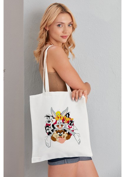 Looney Tunes Model Baskılı Günlük Kullanım Özel Baskı Bez Omuz Çantası Hediyelik Tote Bag