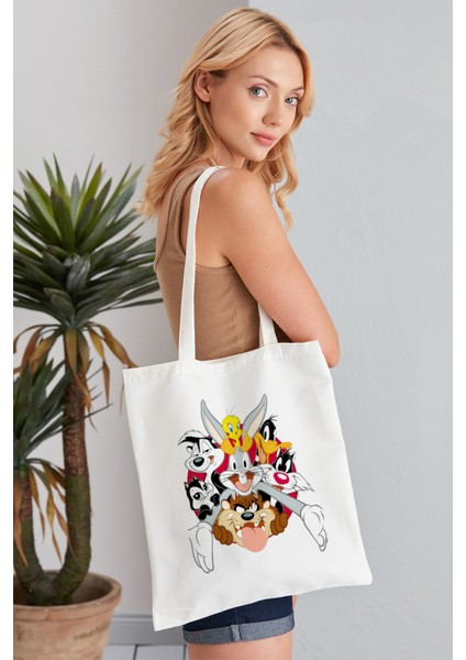 Looney Tunes Model Baskılı Günlük Kullanım Özel Baskı Bez Omuz Çantası Hediyelik Tote Bag