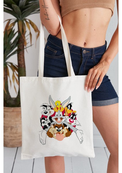 Looney Tunes Model Baskılı Günlük Kullanım Özel Baskı Bez Omuz Çantası Hediyelik Tote Bag