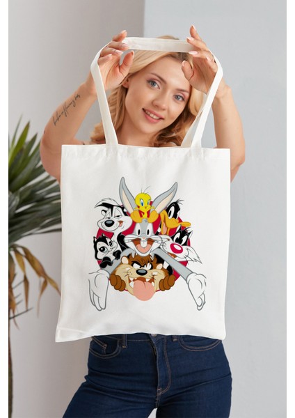 Looney Tunes Model Baskılı Günlük Kullanım Özel Baskı Bez Omuz Çantası Hediyelik Tote Bag