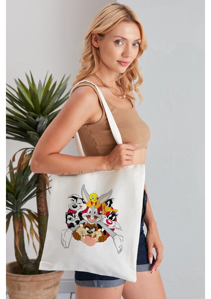 Looney Tunes Model Baskılı Günlük Kullanım Özel Baskı Bez Omuz Çantası Hediyelik Tote Bag
