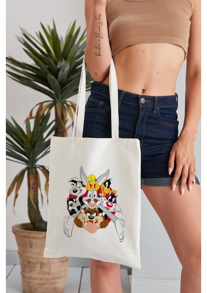Looney Tunes Model Baskılı Günlük Kullanım Özel Baskı Bez Omuz Çantası Hediyelik Tote Bag