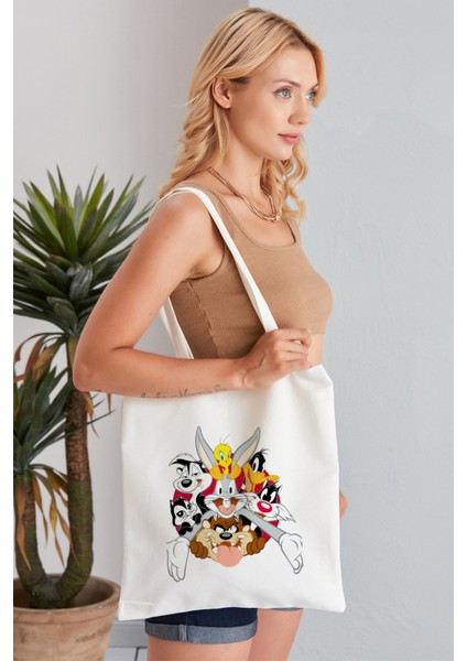 Looney Tunes Model Baskılı Günlük Kullanım Özel Baskı Bez Omuz Çantası Hediyelik Tote Bag