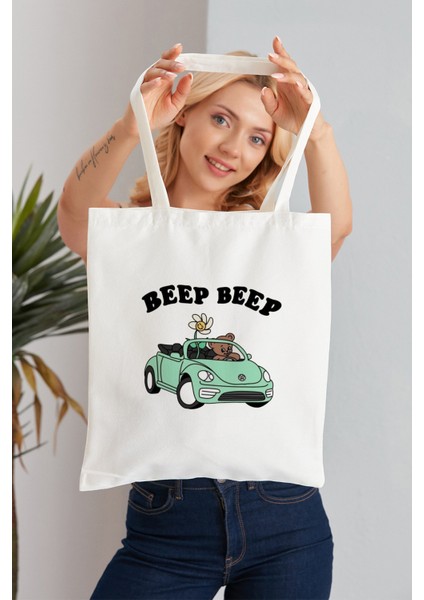 Beep Beep Model Baskılı Günlük Kullanım Özel Baskı Bez Omuz Çantası Hediyelik Tote Bag