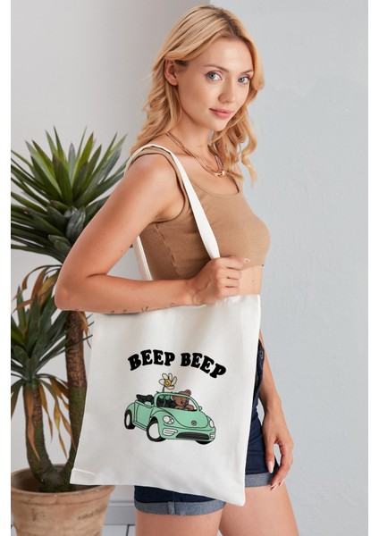 Beep Beep Model Baskılı Günlük Kullanım Özel Baskı Bez Omuz Çantası Hediyelik Tote Bag