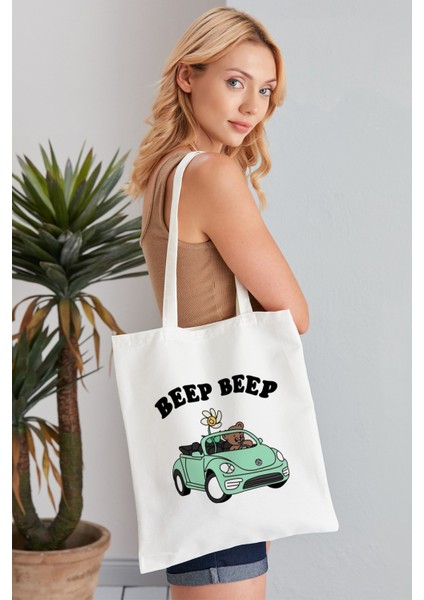 Beep Beep Model Baskılı Günlük Kullanım Özel Baskı Bez Omuz Çantası Hediyelik Tote Bag