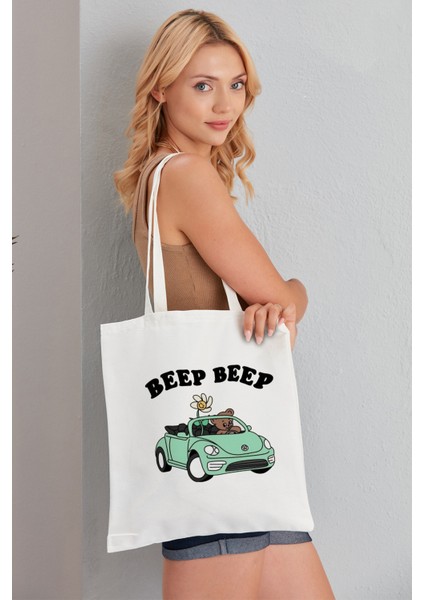 Beep Beep Model Baskılı Günlük Kullanım Özel Baskı Bez Omuz Çantası Hediyelik Tote Bag