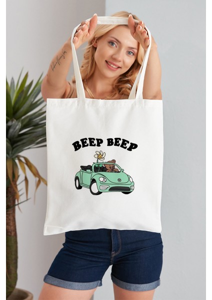 Beep Beep Model Baskılı Günlük Kullanım Özel Baskı Bez Omuz Çantası Hediyelik Tote Bag