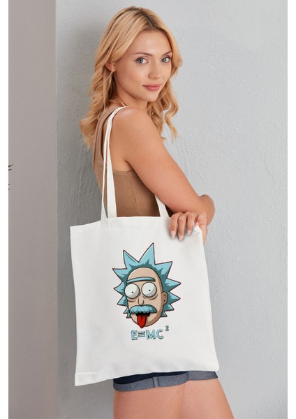 E = Mc² Morty Model Baskılı Günlük Kullanım Özel Baskı Bez Omuz Çantası Hediyelik Tote Bag