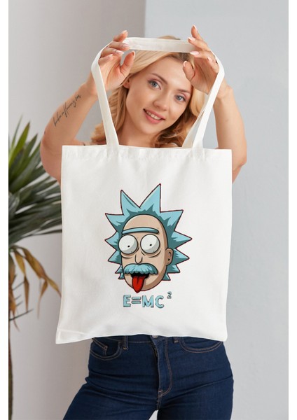 E = Mc² Morty Model Baskılı Günlük Kullanım Özel Baskı Bez Omuz Çantası Hediyelik Tote Bag