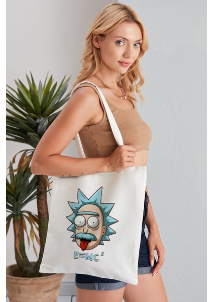 E = Mc² Morty Model Baskılı Günlük Kullanım Özel Baskı Bez Omuz Çantası Hediyelik Tote Bag