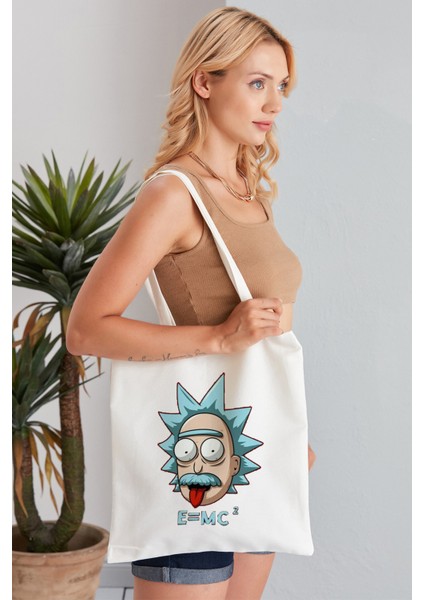 E = Mc² Morty Model Baskılı Günlük Kullanım Özel Baskı Bez Omuz Çantası Hediyelik Tote Bag