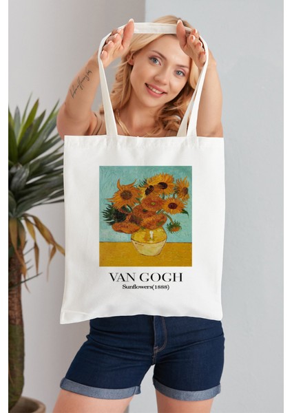 Sunflowers Van Gogh Model Baskılı Günlük Kullanım Özel Baskı Bez Omuz Çantası Hediyelik Tote Bag