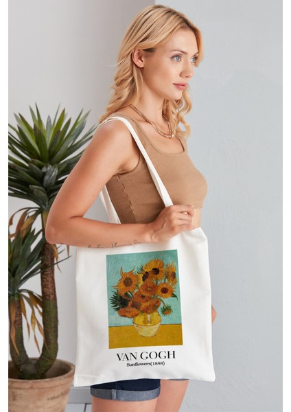 Sunflowers Van Gogh Model Baskılı Günlük Kullanım Özel Baskı Bez Omuz Çantası Hediyelik Tote Bag