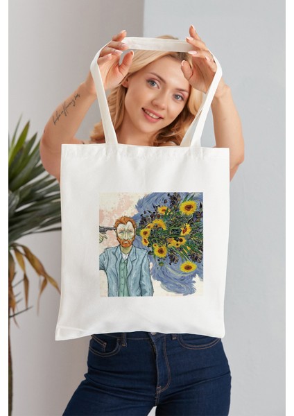 Van Gogh Sunflower Model Baskılı Günlük Kullanım Özel Baskı Bez Omuz Çantası Hediyelik Tote Bag