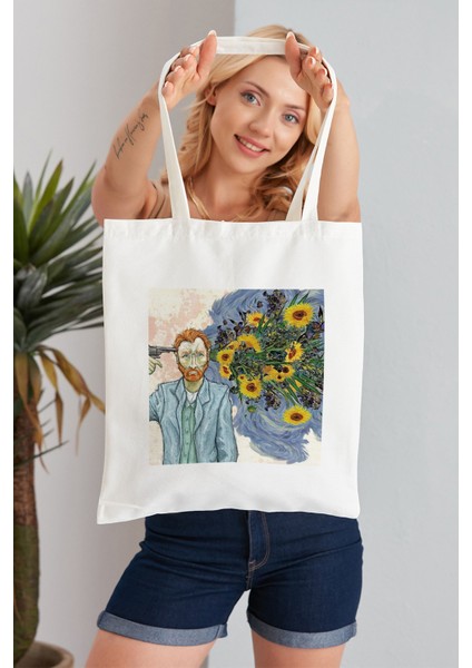 Van Gogh Sunflower Model Baskılı Günlük Kullanım Özel Baskı Bez Omuz Çantası Hediyelik Tote Bag