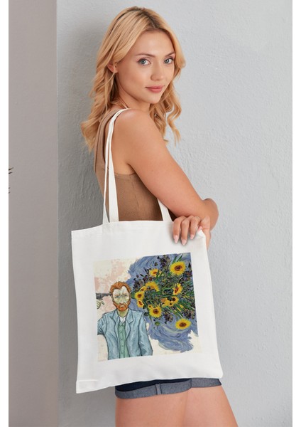Van Gogh Sunflower Model Baskılı Günlük Kullanım Özel Baskı Bez Omuz Çantası Hediyelik Tote Bag