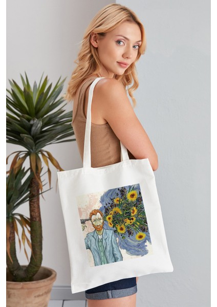 Van Gogh Sunflower Model Baskılı Günlük Kullanım Özel Baskı Bez Omuz Çantası Hediyelik Tote Bag