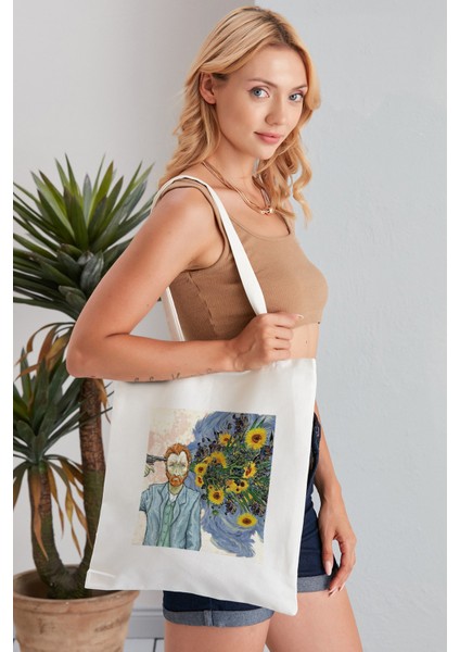 Van Gogh Sunflower Model Baskılı Günlük Kullanım Özel Baskı Bez Omuz Çantası Hediyelik Tote Bag