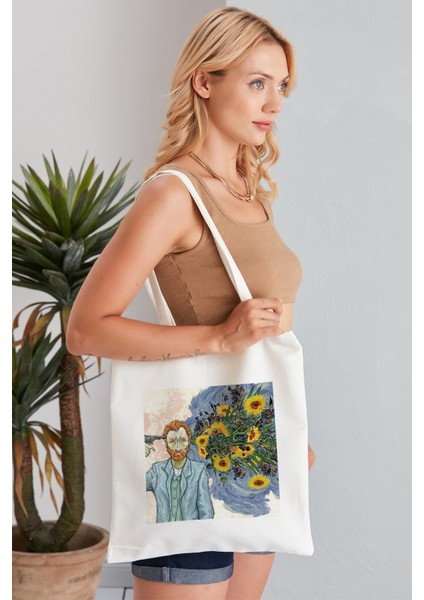 Van Gogh Sunflower Model Baskılı Günlük Kullanım Özel Baskı Bez Omuz Çantası Hediyelik Tote Bag