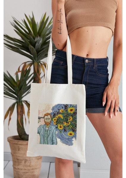 Van Gogh Sunflower Model Baskılı Günlük Kullanım Özel Baskı Bez Omuz Çantası Hediyelik Tote Bag