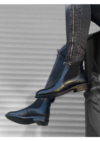 BA0211 Hakiki Deri Chelsea Bağcıksız Lastikli Siyah Erkek Yarım Bilek Bot modelleri