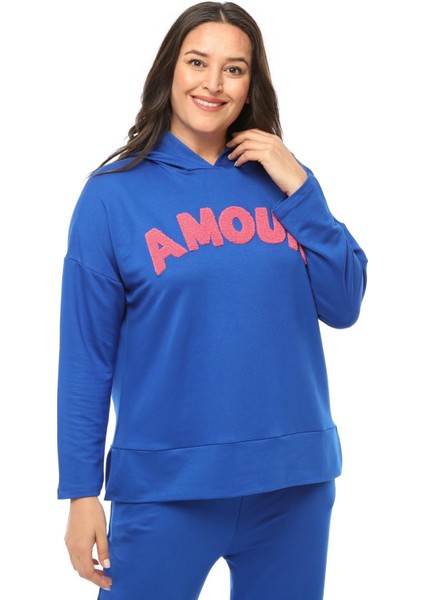 Kadın Büyük Beden Kapüşonlu Amour Yazılı Mavi Eşofman Takımı