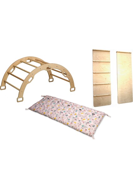 Pikler Tırmanma Seti | montessori Ahşap Dönence ve Kemer Yastığı | Kemer & Merdiven Rampa & Flamingo Yastık