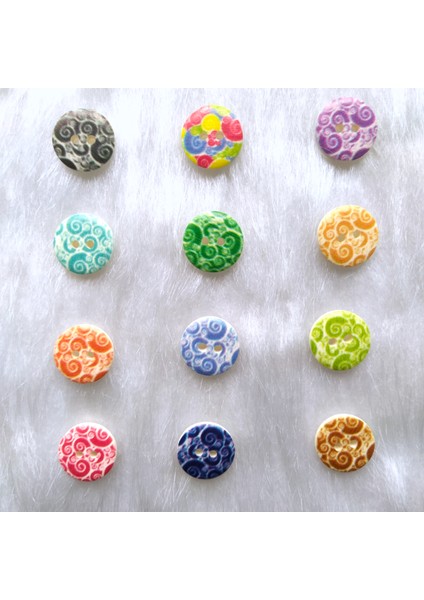 24 Adet İki Delikli Yuvarlak Plastik Karışık Renkli Desenli Düğme