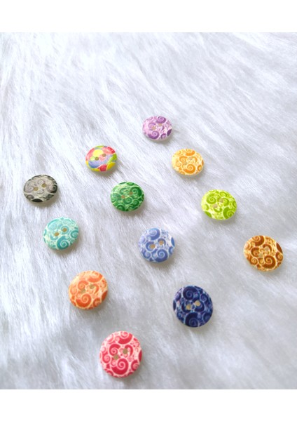 24 Adet İki Delikli Yuvarlak Plastik Karışık Renkli Desenli Düğme