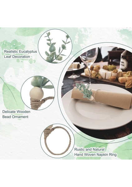 Peçete Halkaları 12 Set Rustik Okaliptüs Ahşap Peçete Halkaları Boho Yaprak Ahşap Boncuk Çiftlik Evi Peçete Halkası Tutucu (Yurt Dışından)