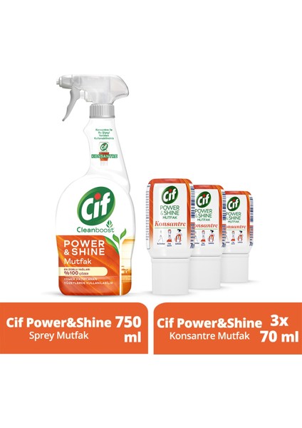 Power Shine Cleanboost Sprey Mutfak 750 ml x1 + Cif Power & Shine Konsantre Mutfak 70 ml x3