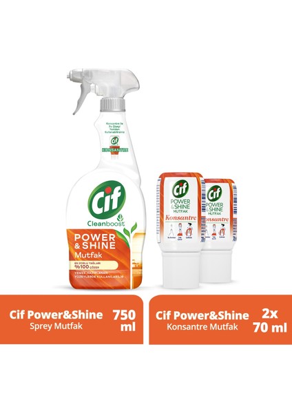 Power & Shine Cleanboost Sprey Mutfak 750 ml X1 + Cif Power & Shine Konsantre Mutfak 70 ml X2