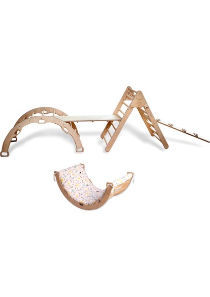 Pikler Tırmanma Seti Montessori Tam Set ve Yastık | Full Set Aktivite Merkezi + Flamingo Desenli Yastık