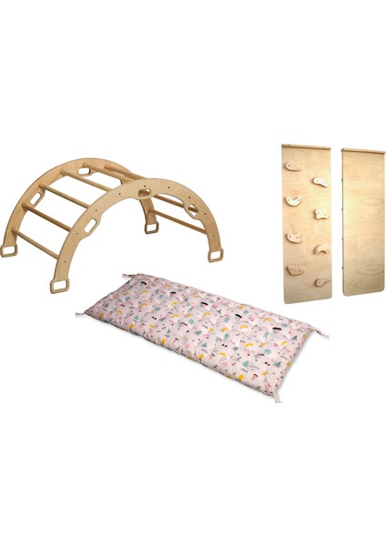 Pikler Tırmanma Seti | Ahşap Oyuncak | montessori Dönence ve Yastığı | kemer & Taşlı Rampa & Flamingo Desenli Yastık