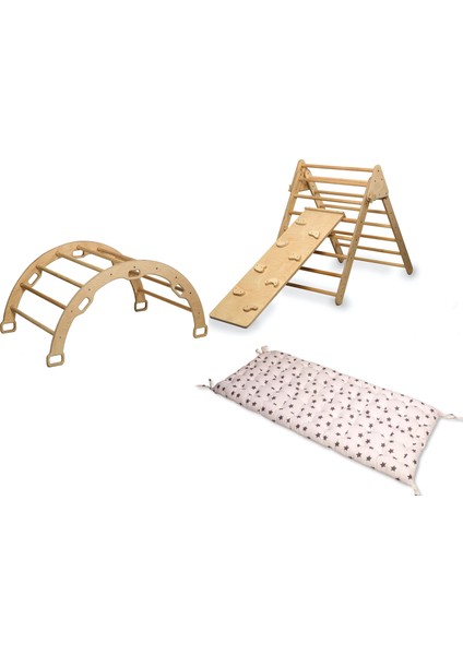 Pikler Tırmanma Seti ve Yastık | Montessori 3'lü Set | kemer + Üçgen + Taşlı Rampa + Yıldız Desenli Yastık