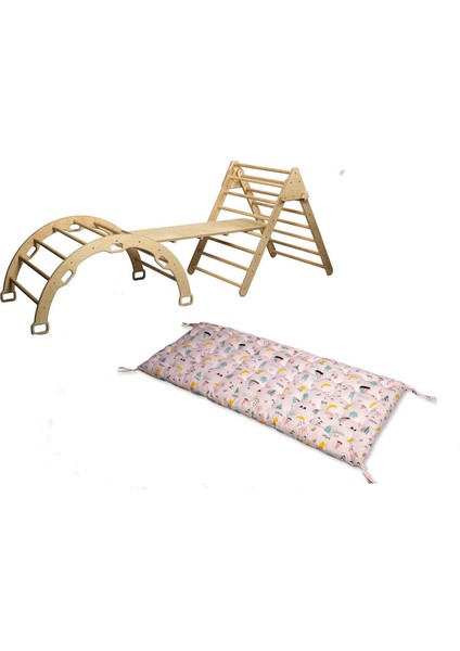 Pikler Tırmanma Seti ve Yastık | Montessori 3'lü Set | kemer + Üçgen + Merdiven Rampa + Flamingo Desenli Yastık