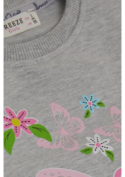 Kız Çocuk Sweatshirt Kelebek Baskılı 3-8 Yaş, Açık Gri Melanj indirimleri