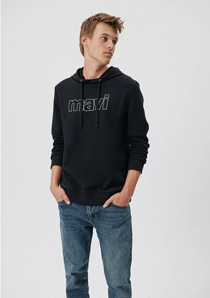 Erkek Mavi Logo Baskılı Kapüşonlu Siyah Sweatshirt 065606-900