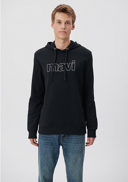 Erkek Mavi Logo Baskılı Kapüşonlu Siyah Sweatshirt 065606-900