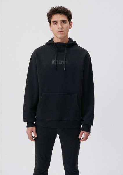 Erkek Mavi Baskılı Kapüşonlu Siyah Sweatshirt 0610960-900