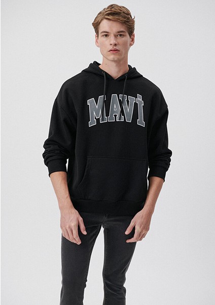 Erkek Mavi Logo Baskılı Kapüşonlu Siyah Sweatshirt 067149-902