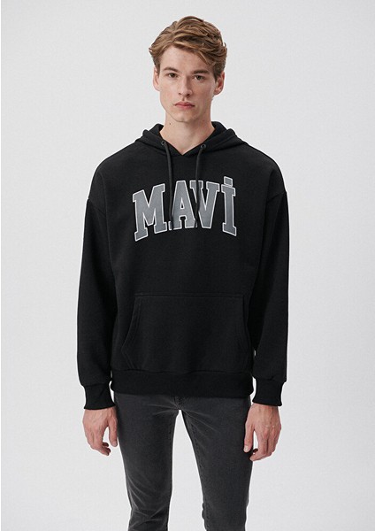 Erkek Mavi Logo Baskılı Kapüşonlu Siyah Sweatshirt 067149-902